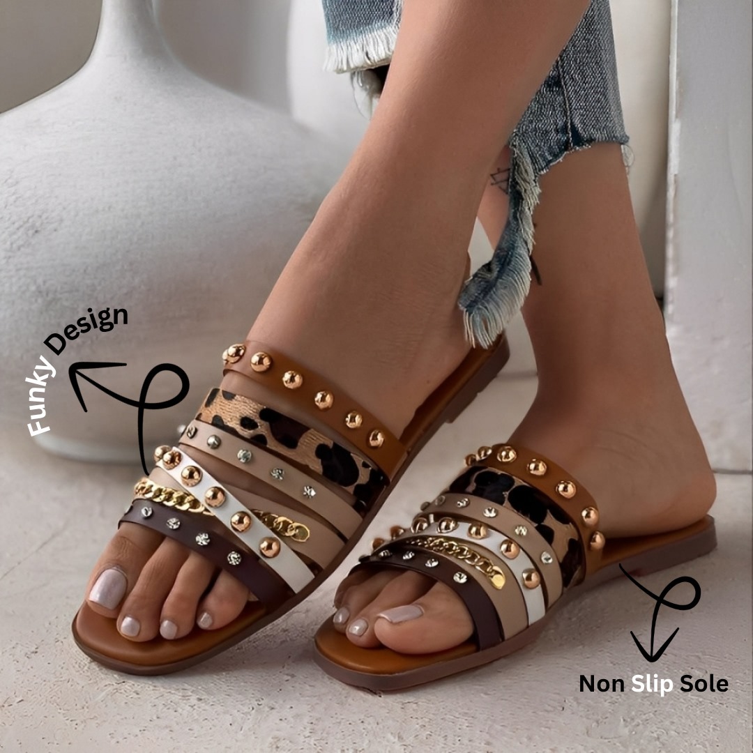 Trendy Style Women’s Slippers – Brown Multi Strap Flat Sandals With Studs & Stones | Comfortable Daily Wear Slides