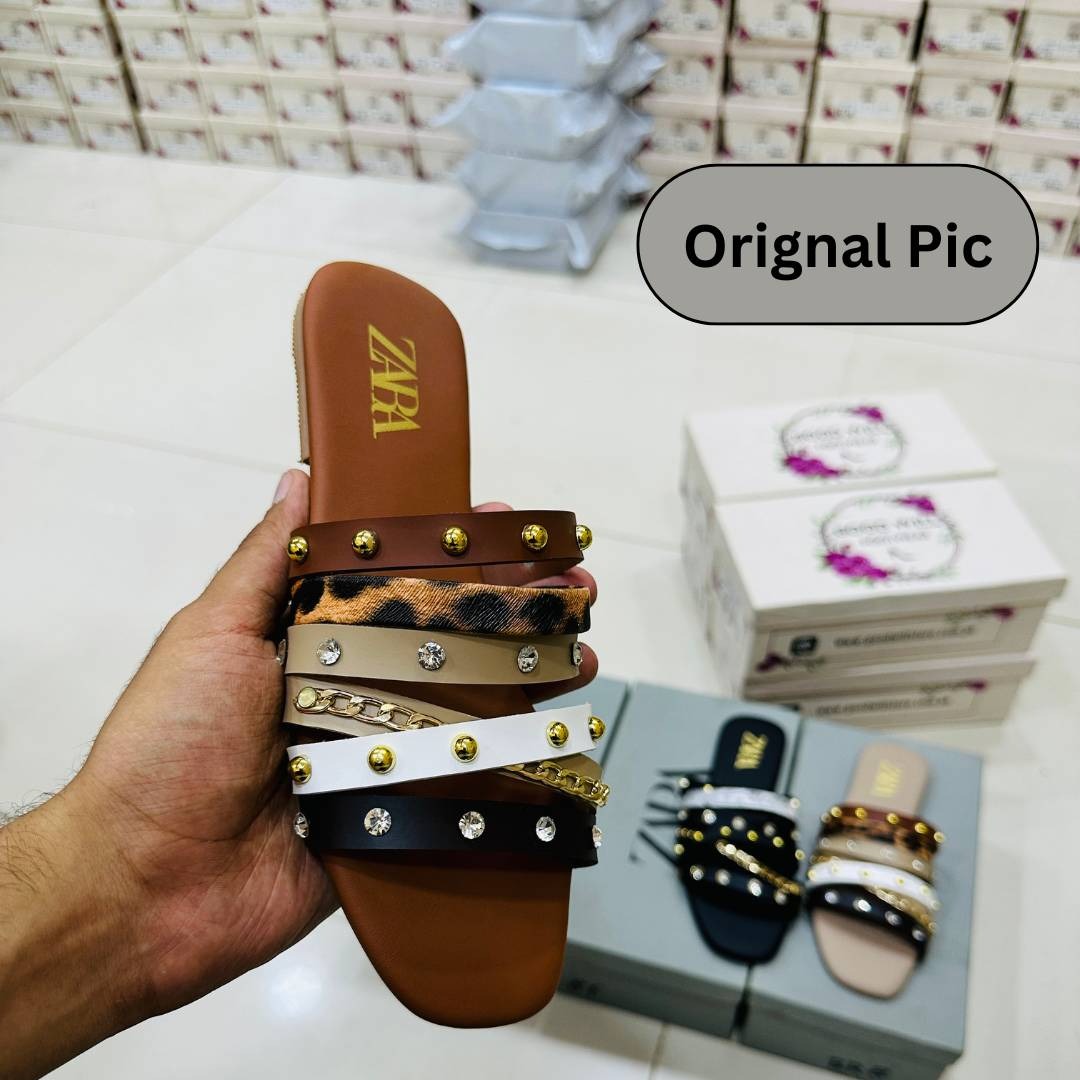 Trendy Style Women’s Slippers – Brown Multi Strap Flat Sandals With Studs & Stones | Comfortable Daily Wear Slides